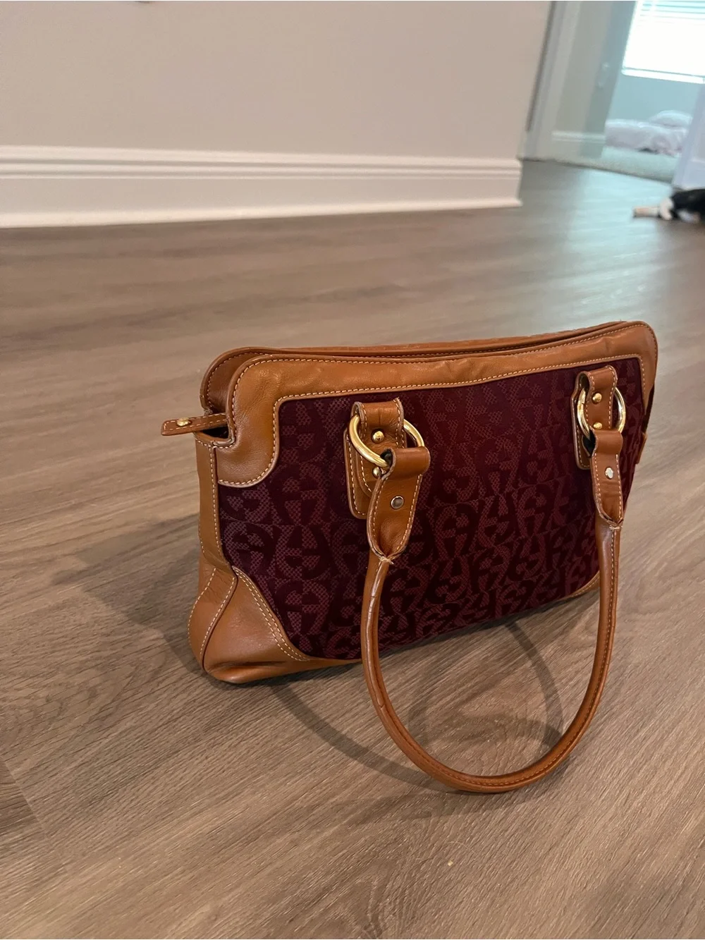 Etienne Aigner Burgundy and Tan Signature Shoulder Bag